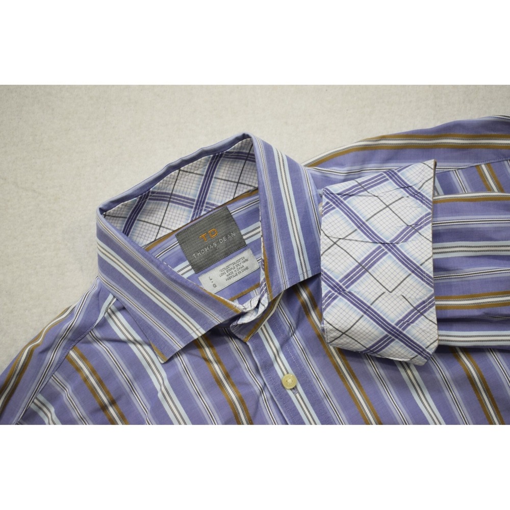 Thomas Dean Designer Dress Shirt Flip Cuff Striped Long Sleeve Mens Size Large